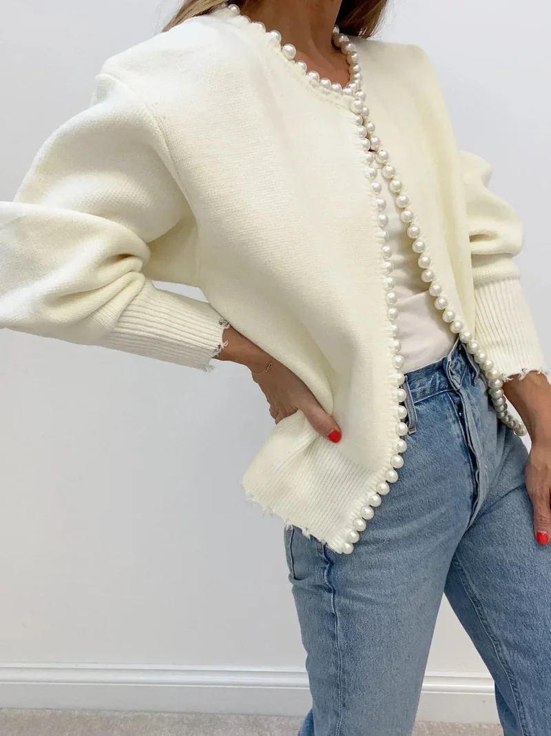 Damen Strickjacke mit Perlenverzierung und Ballonärmeln