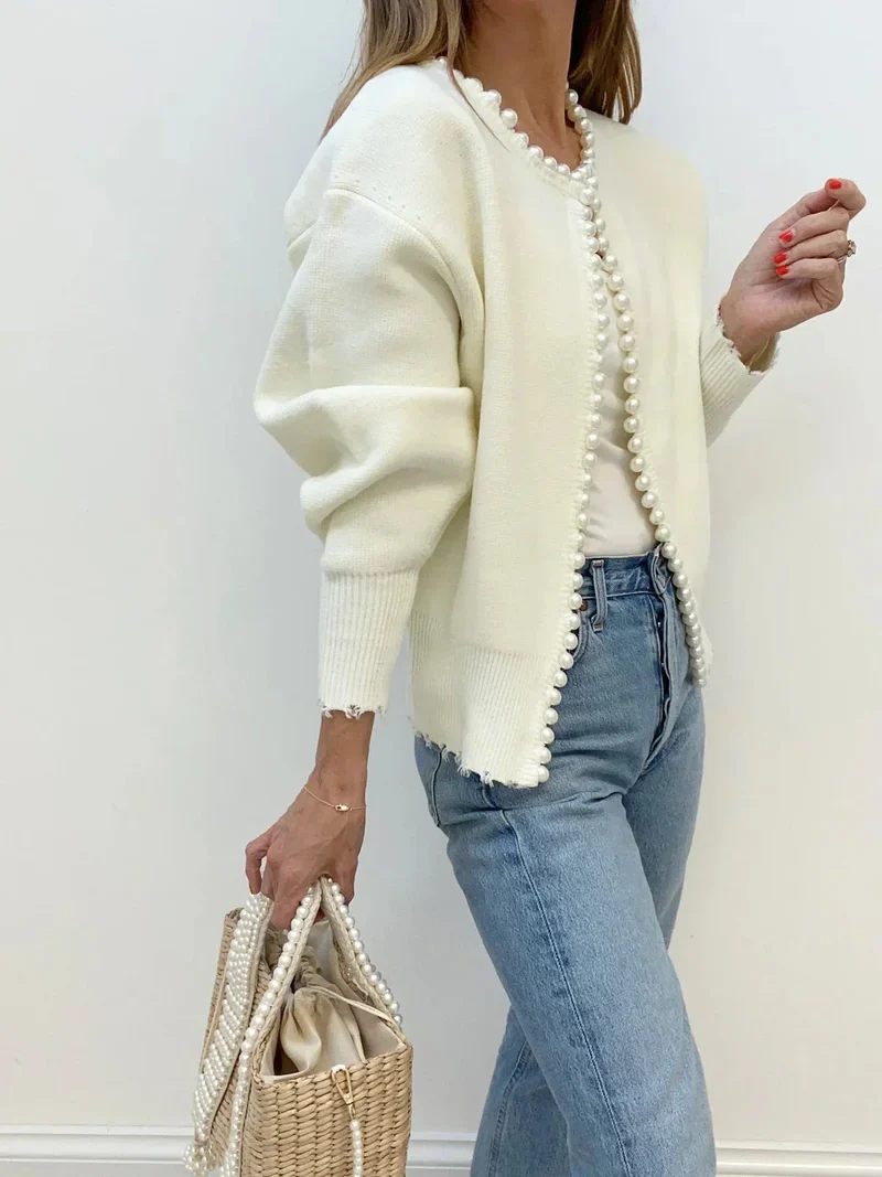 Damen Strickjacke mit Perlenverzierung und Ballonärmeln