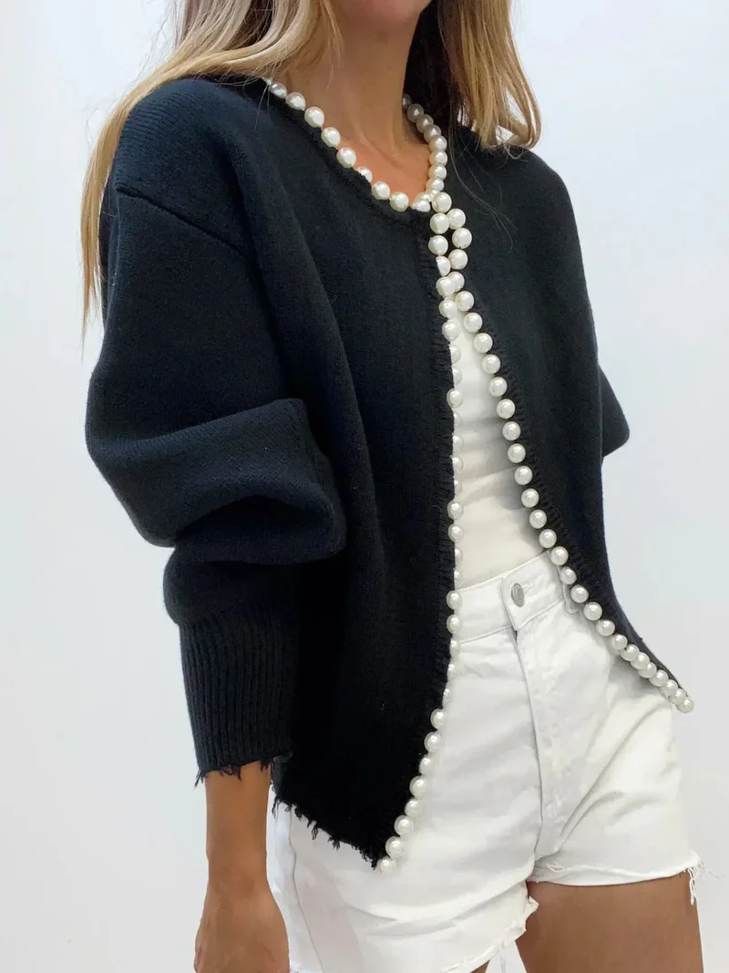 Damen Strickjacke mit Perlenverzierung und Ballonärmeln