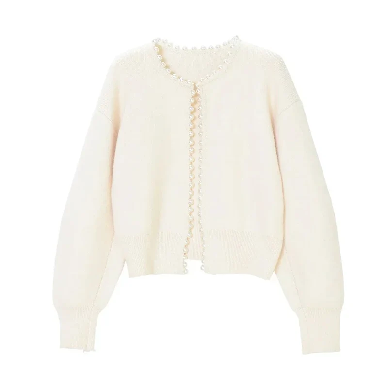 Damen Strickjacke mit Perlenverzierung und Ballonärmeln