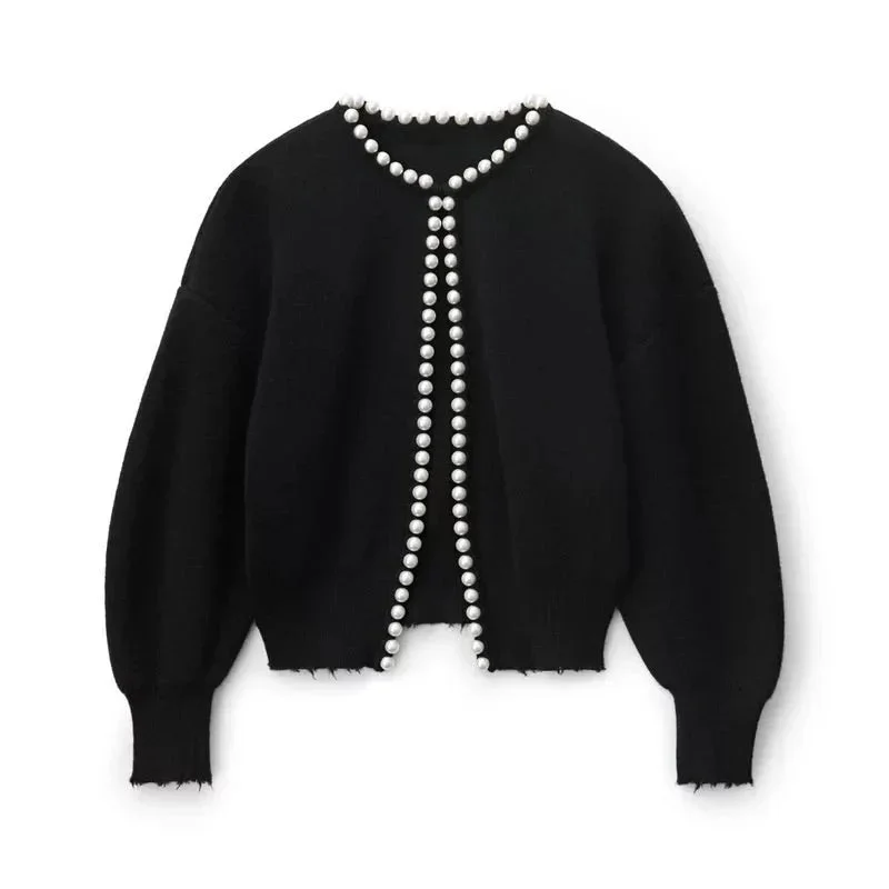 Damen Strickjacke mit Perlenverzierung und Ballonärmeln