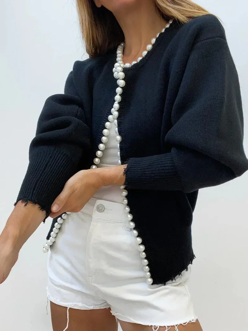 Damen Strickjacke mit Perlenverzierung und Ballonärmeln
