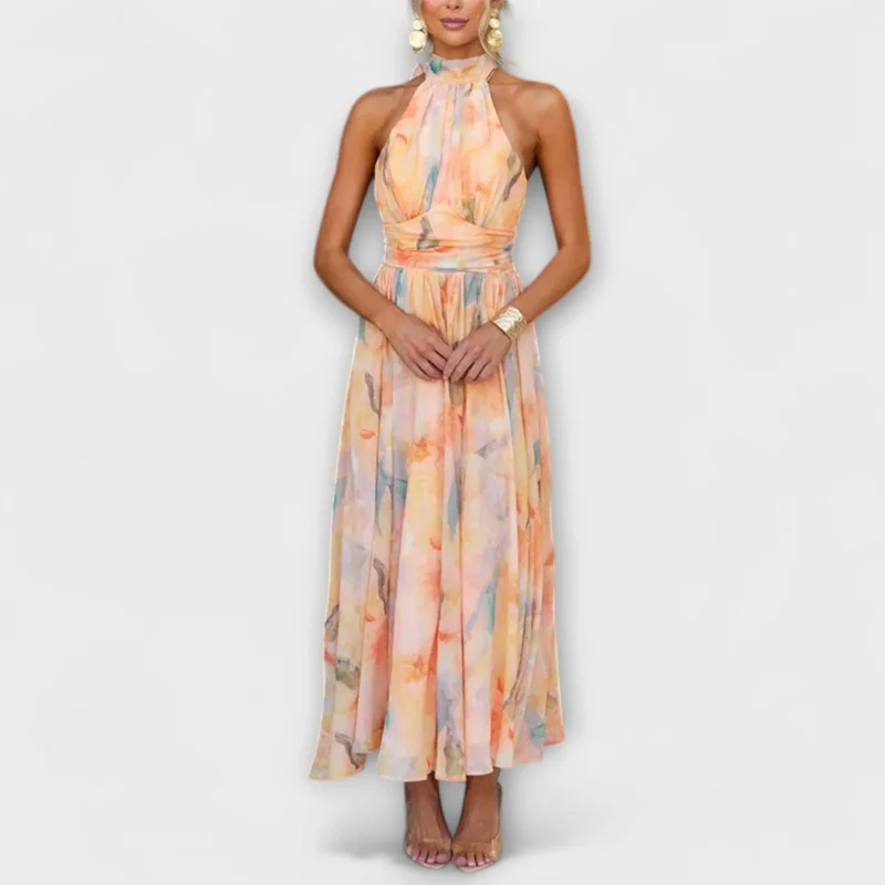 Halterneck Maxikleid mit Aquarelldruck in Pastelltönen