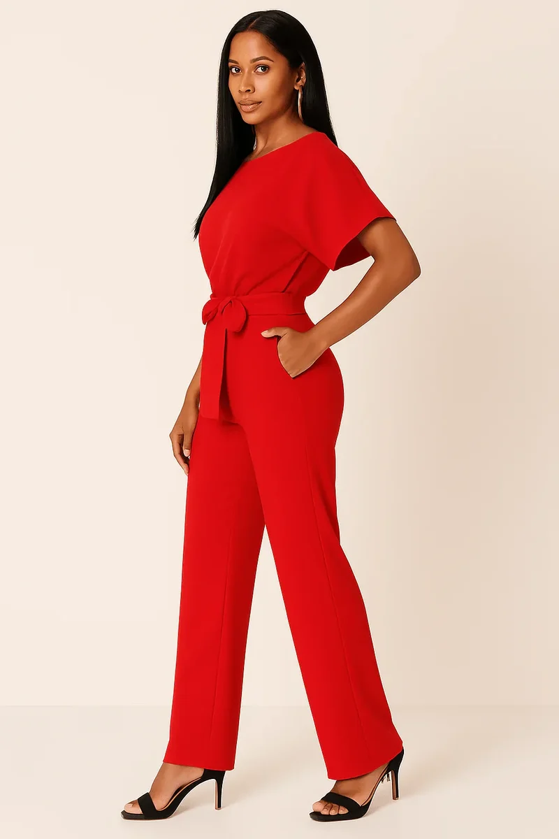 Damen Overall mit Krawatten Gürtel und weitem Bein
