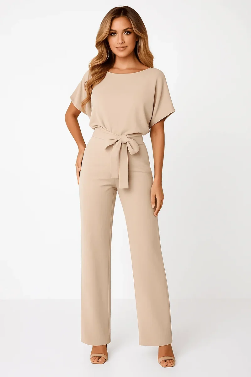 Damen Overall mit Krawatten Gürtel und weitem Bein