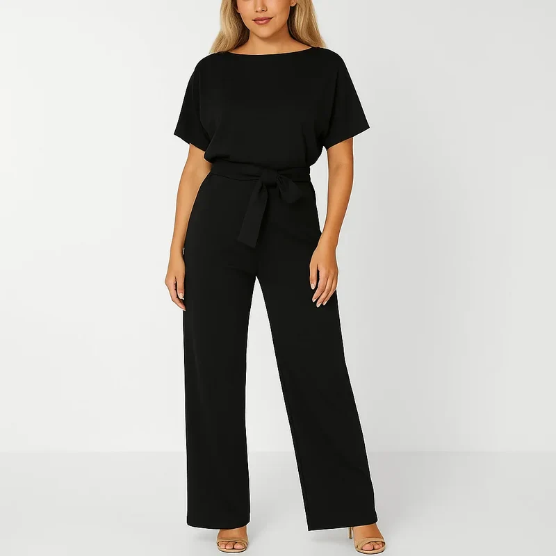 Damen Overall mit Krawatten Gürtel und weitem Bein