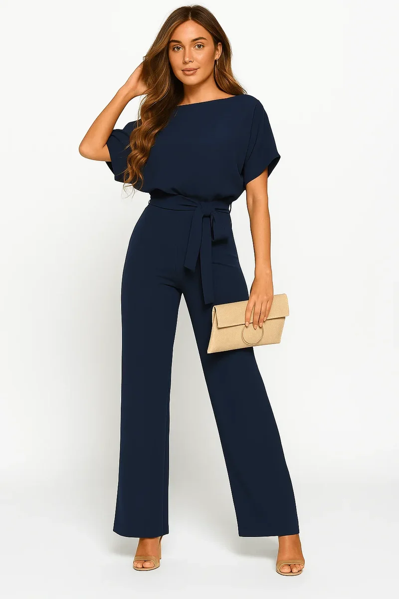 Damen Overall mit Krawatten Gürtel und weitem Bein