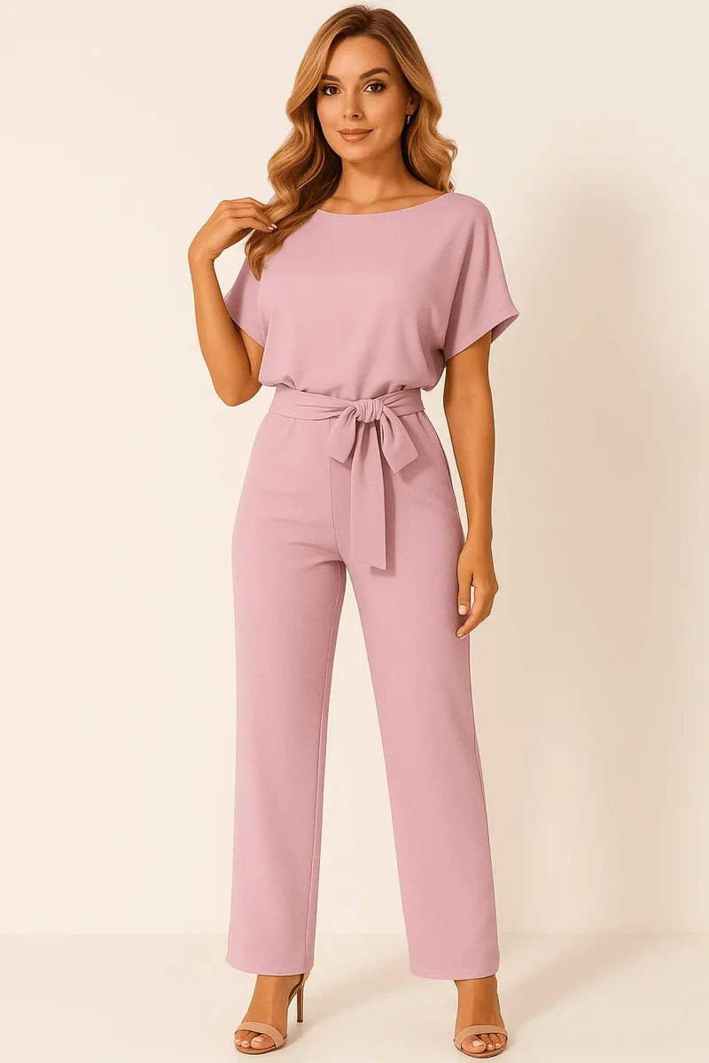 Damen Overall mit Krawatten Gürtel und weitem Bein