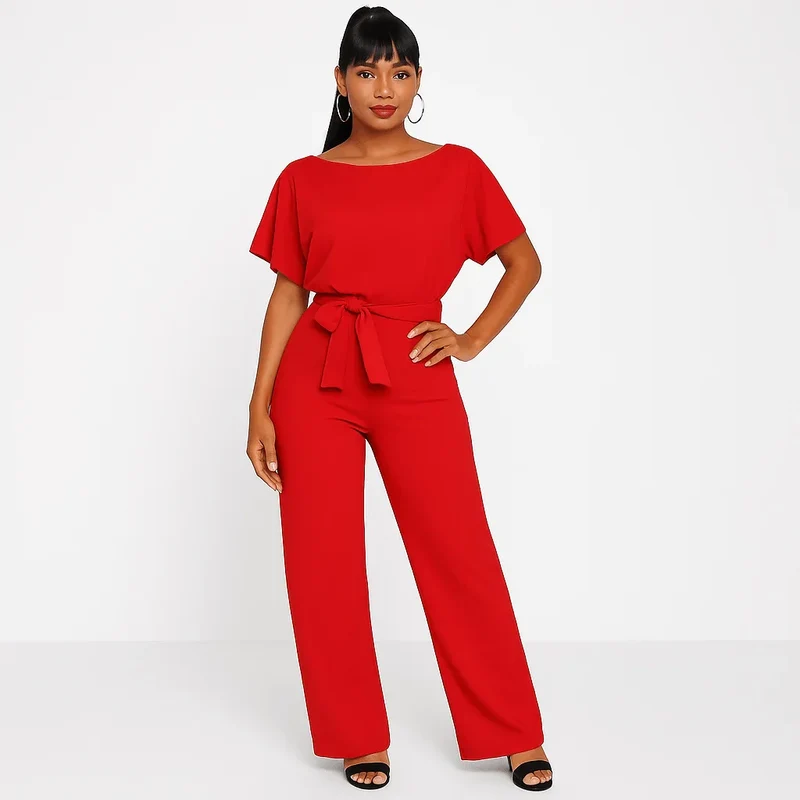 Damen Overall mit Krawatten Gürtel und weitem Bein