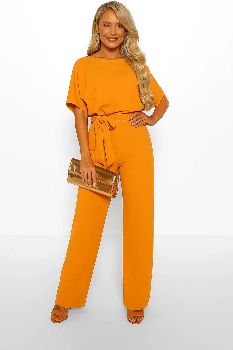 Damen Overall mit Krawatten Gürtel und weitem Bein