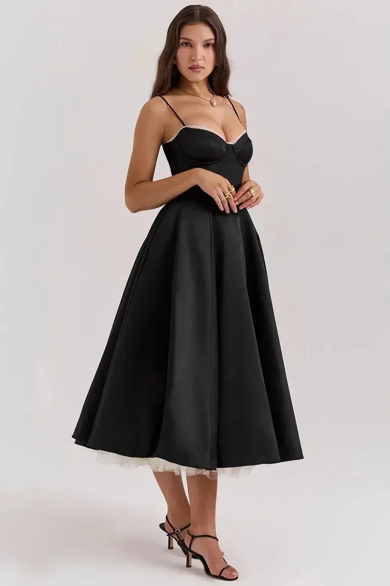 Damen Midi Satin Kleid in Schwarz mit Cremefarbenem Tüll