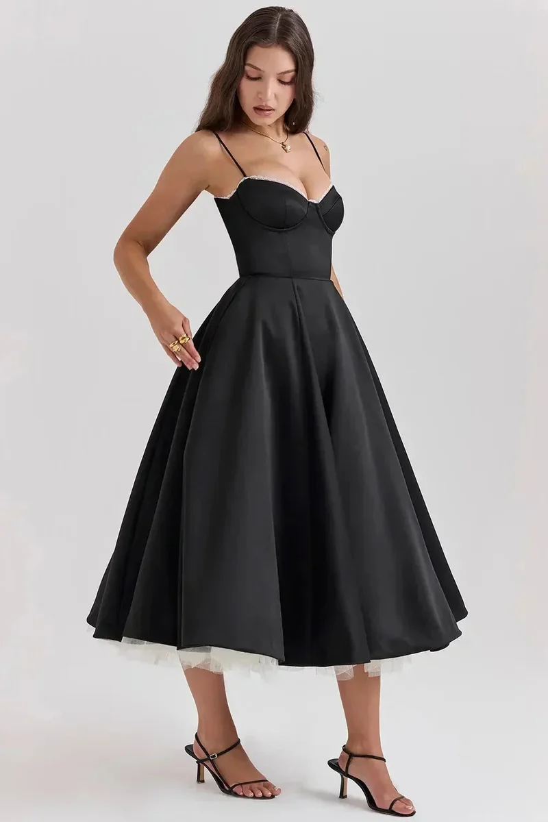 Damen Midi Satin Kleid in Schwarz mit Cremefarbenem Tüll