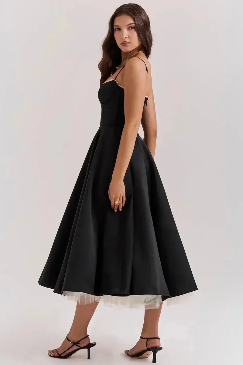 Damen Midi Satin Kleid in Schwarz mit Cremefarbenem Tüll