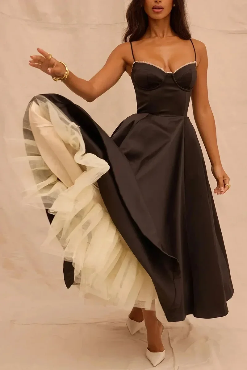 Damen Midi Satin Kleid in Schwarz mit Cremefarbenem Tüll