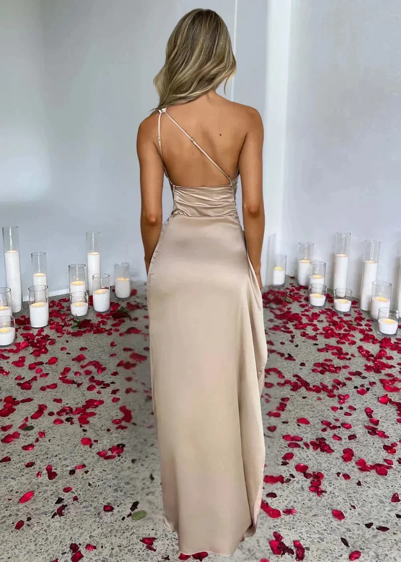 Damen Maxikleid mit Einer Schulter und Beinschlitz