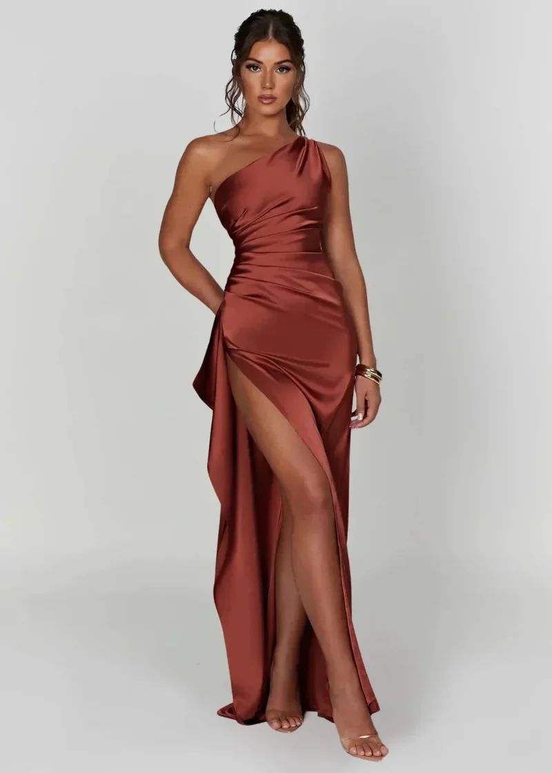 Damen Maxikleid mit Einer Schulter und Beinschlitz