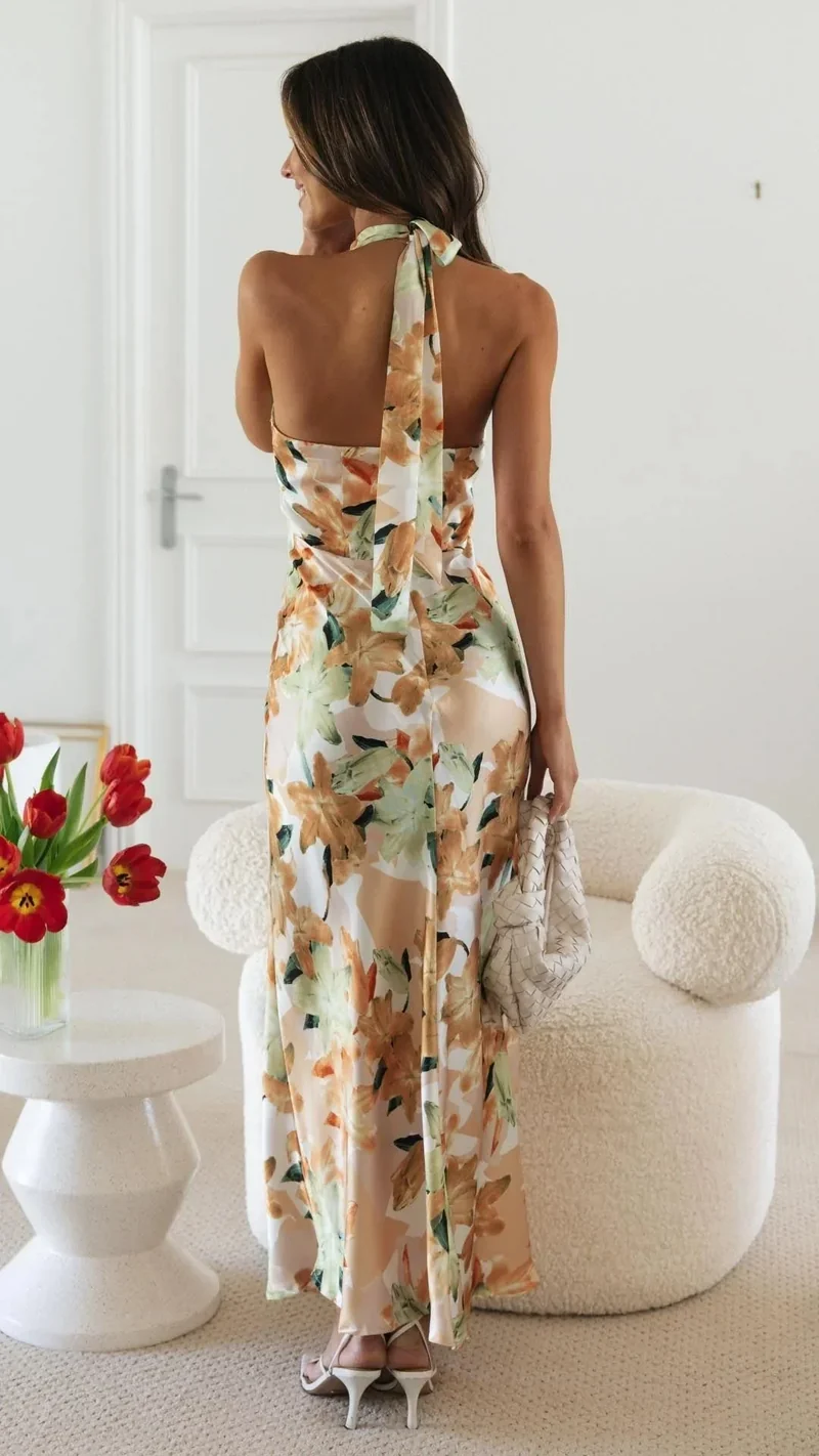 Damen Maxikleid mit Halsschleife und Blumenmuster