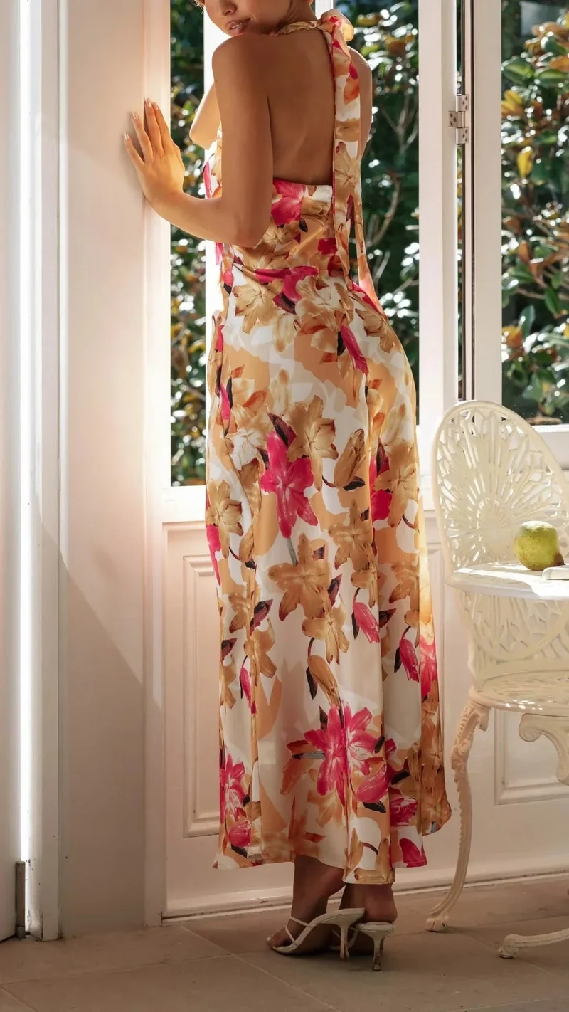 Damen Maxikleid mit Halsschleife und Blumenmuster