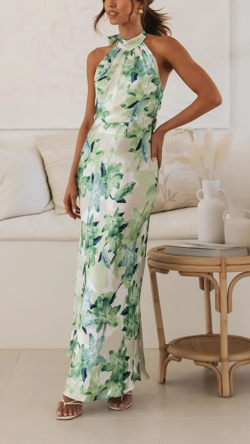 Damen Maxikleid mit Halsschleife und Blumenmuster