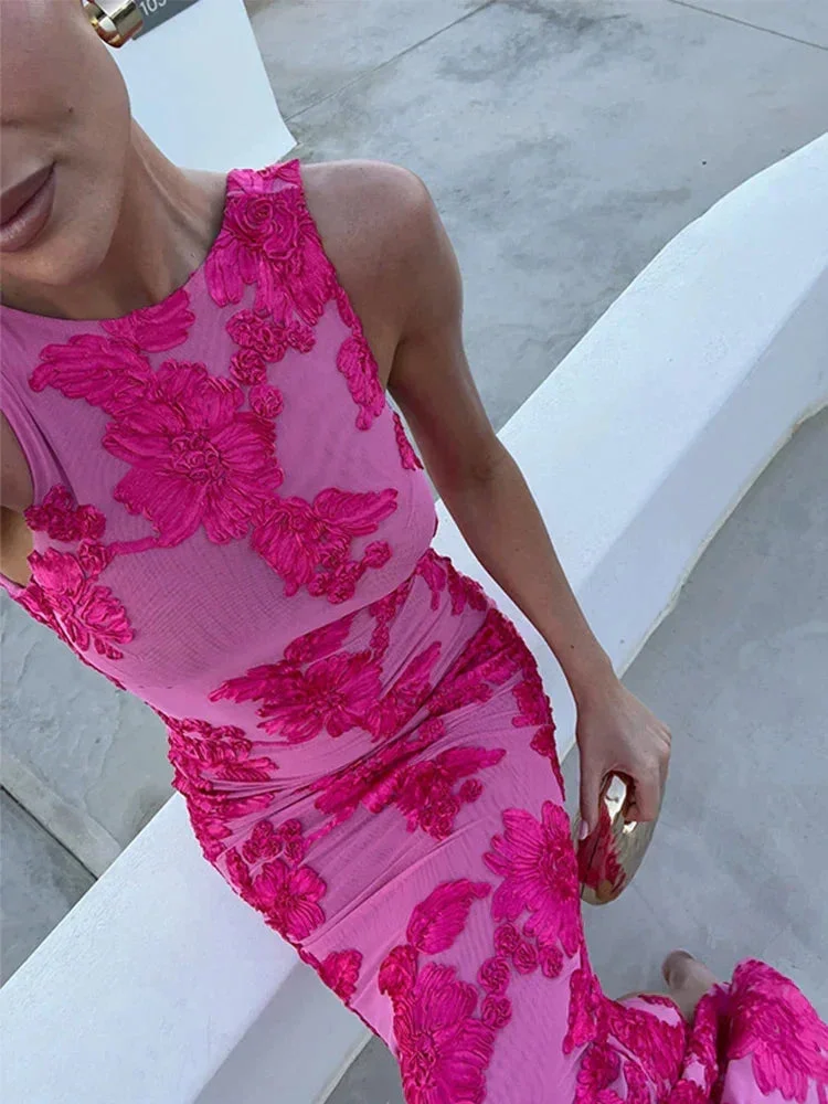 Damen Maxikleid Pink mit floralem Muster ärmellos