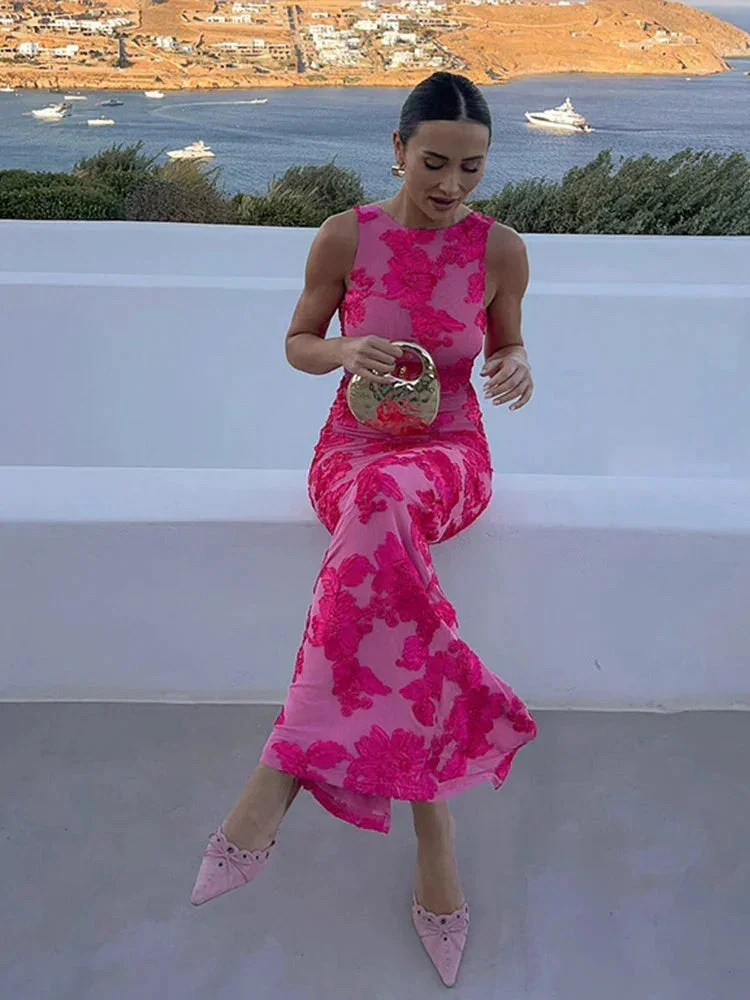 Damen Maxikleid Pink mit floralem Muster ärmellos