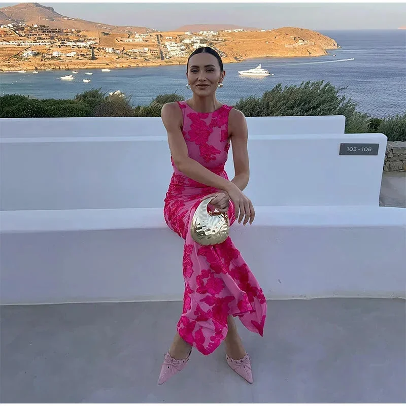 Damen Maxikleid Pink mit floralem Muster ärmellos