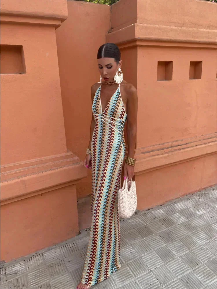 Damen Maxikleid mit Zickzackmuster und Halsschnürung