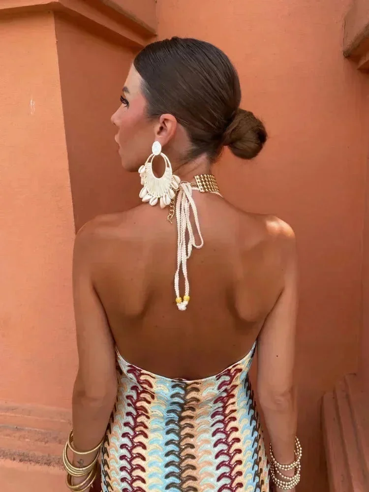 Damen Maxikleid mit Zickzackmuster und Halsschnürung
