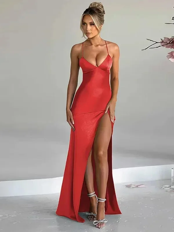 Damen Maxikleid mit Neckholder und hohem Schlitz