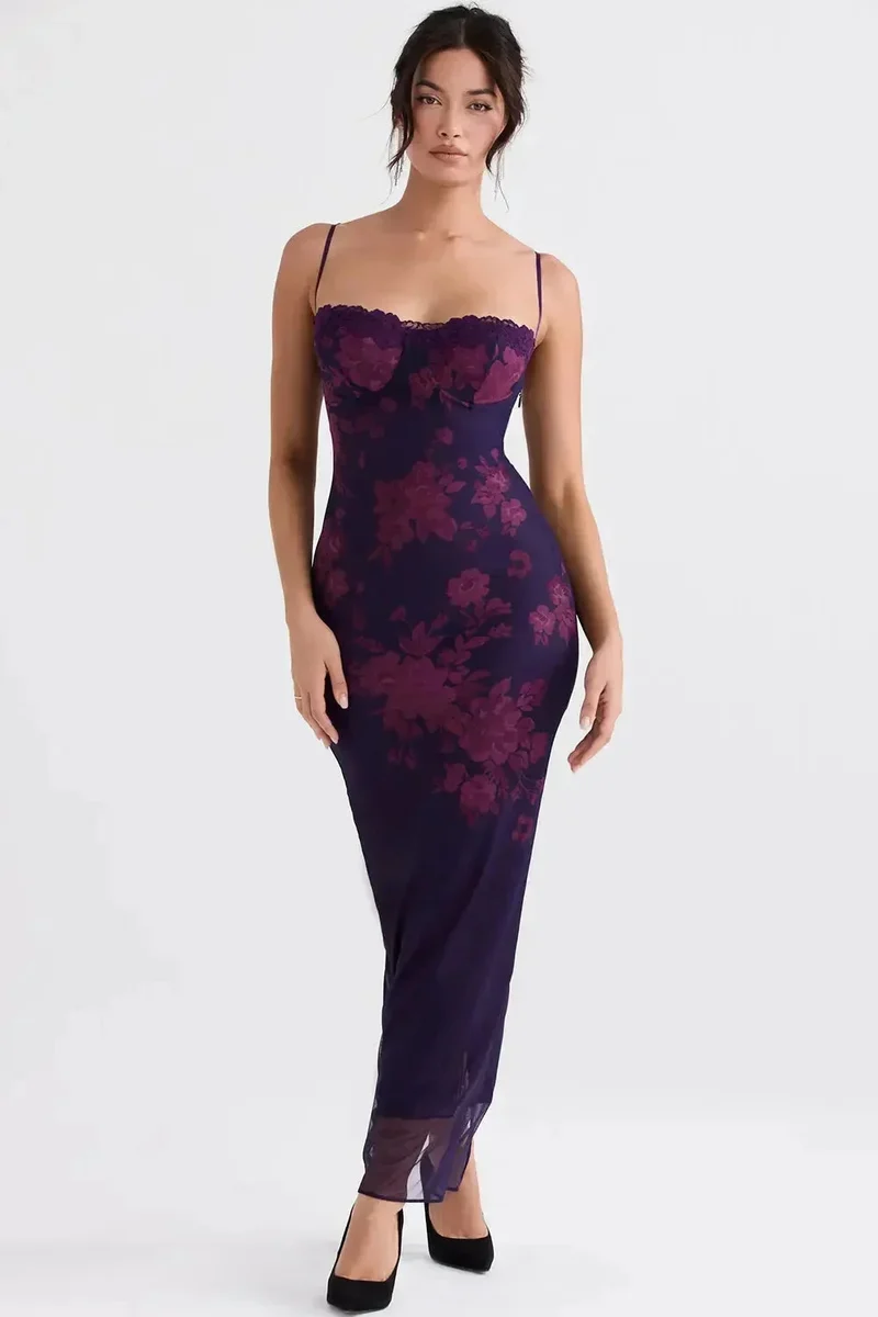 Damen Maxikleid mit verstellbaren Trägern und Blumenmuster