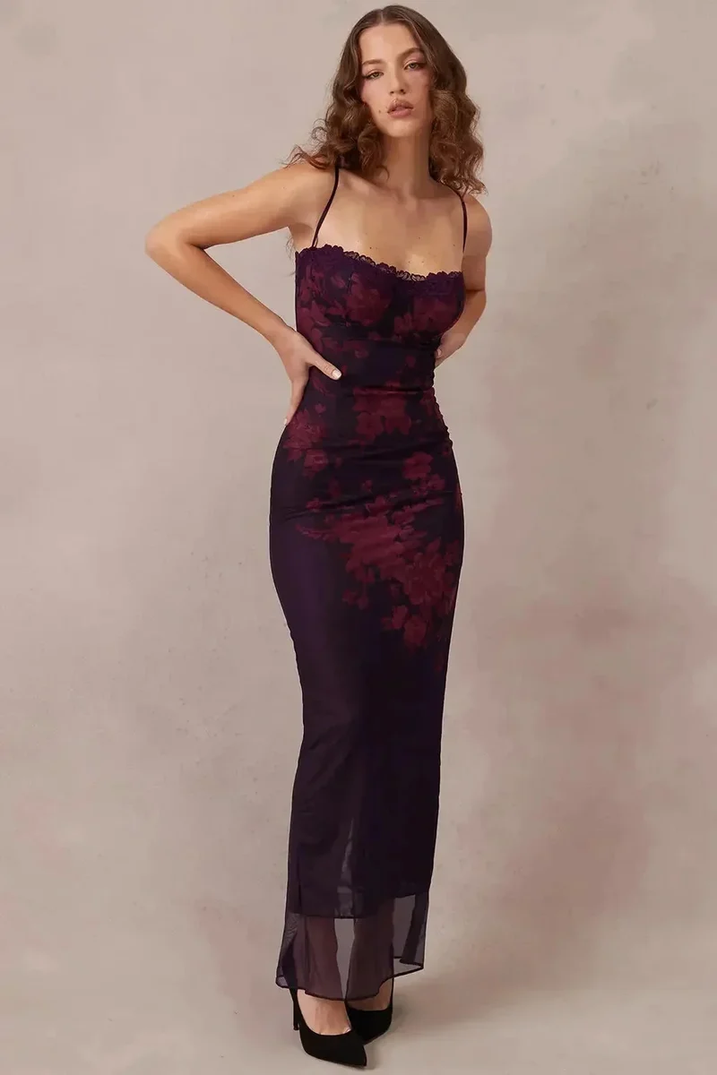 Damen Maxikleid mit verstellbaren Trägern und Blumenmuster