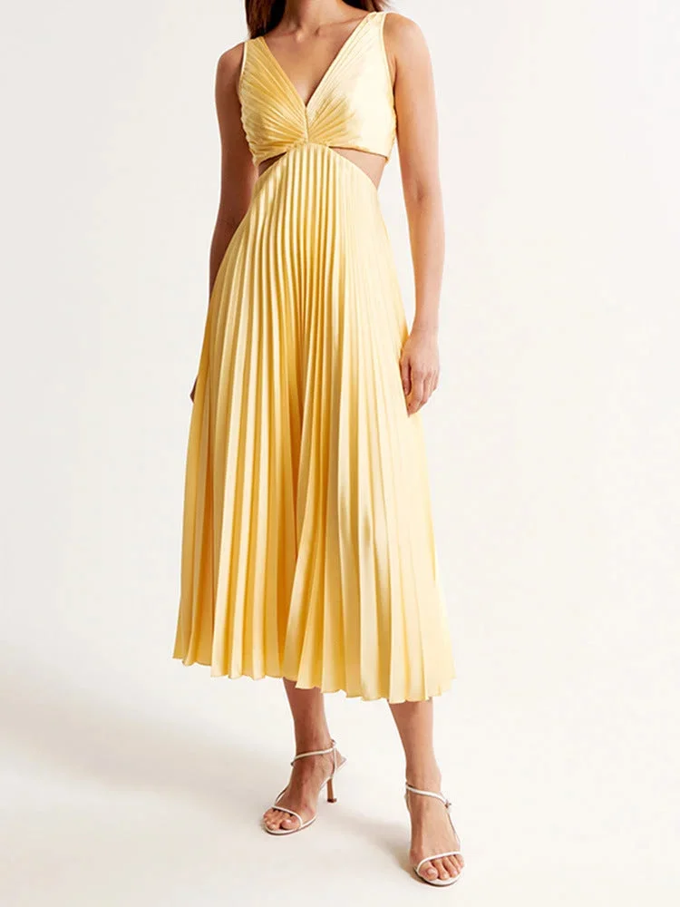 Damen Maxikleid Gelb Plissee mit Tiefem Ausschnitt
