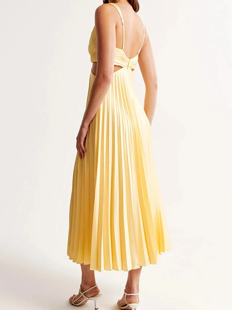 Damen Maxikleid Gelb Plissee mit Tiefem Ausschnitt