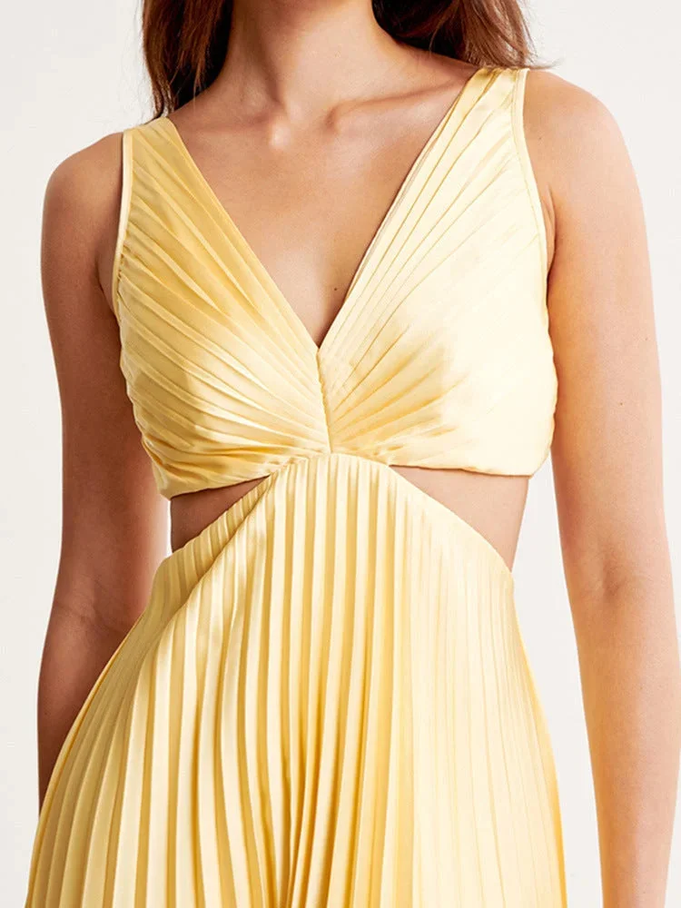 Damen Maxikleid Gelb Plissee mit Tiefem Ausschnitt