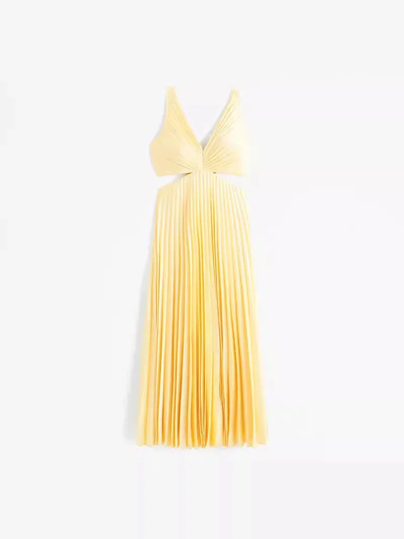 Damen Maxikleid Gelb Plissee mit Tiefem Ausschnitt