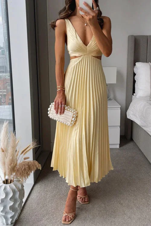 Damen Maxikleid Gelb Plissee mit Tiefem Ausschnitt