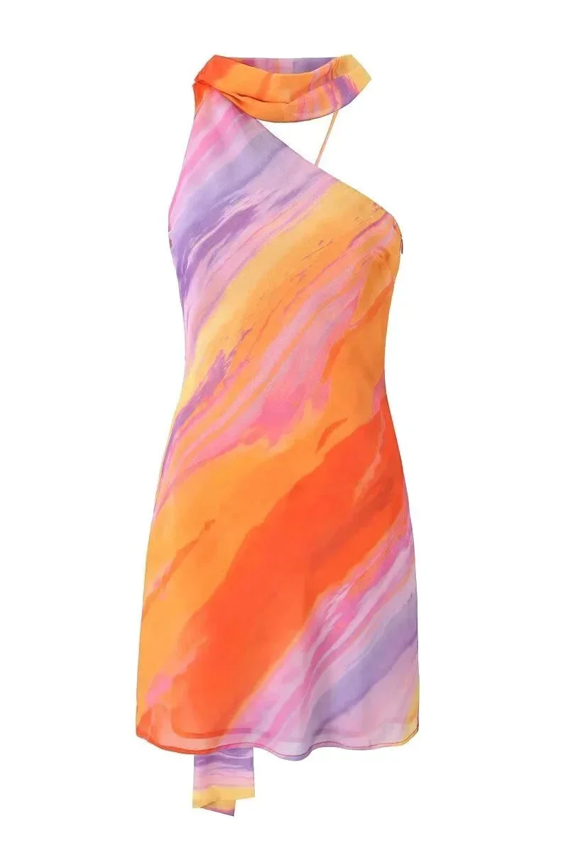 Damen Minikleid in Halfter Form mit Sonnenuntergangsfarben