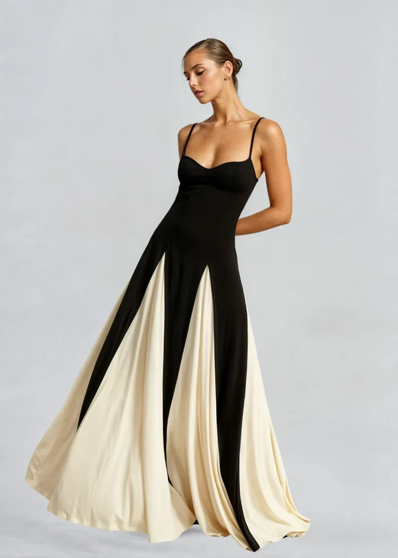 Damen Maxikleid in Schwarz und Creme mit fließendem Schnitt