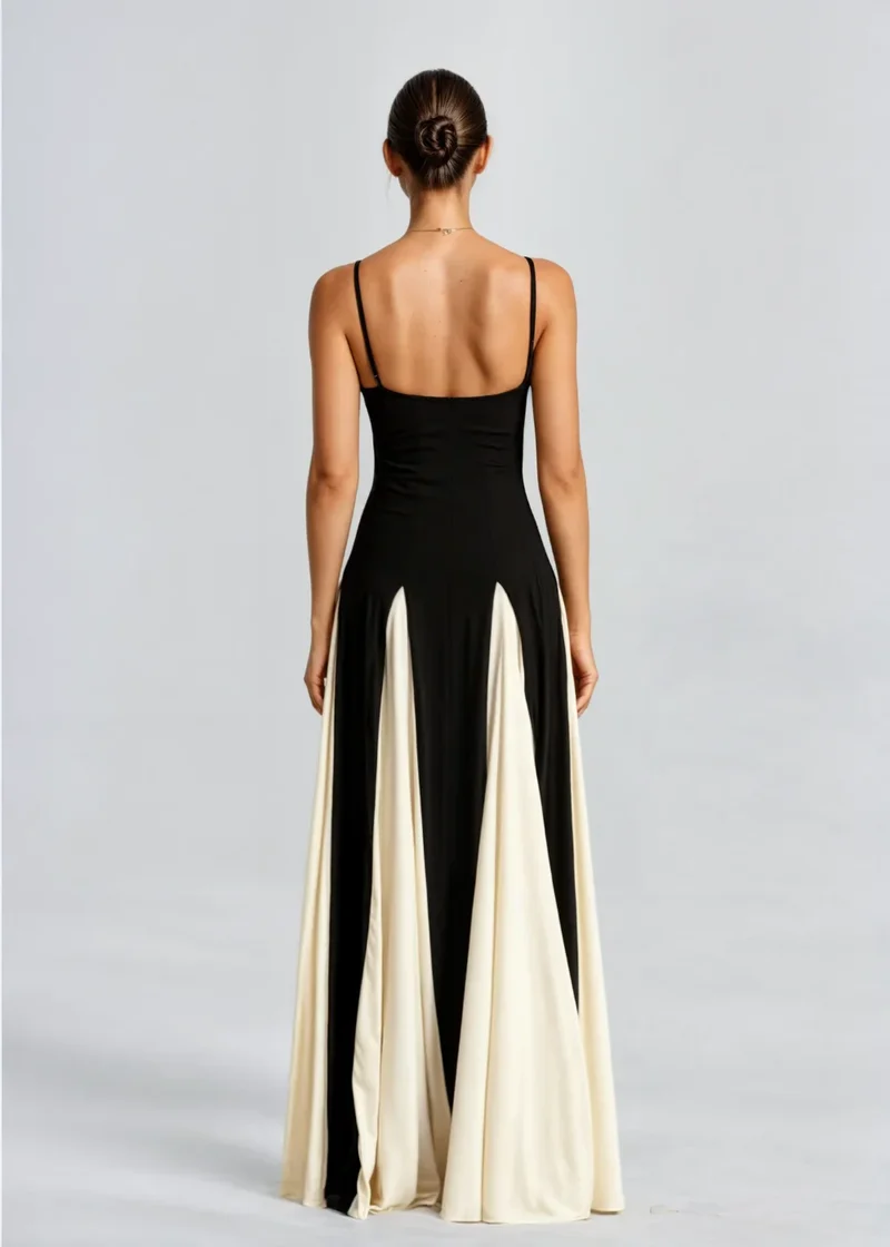 Damen Maxikleid in Schwarz und Creme mit fließendem Schnitt