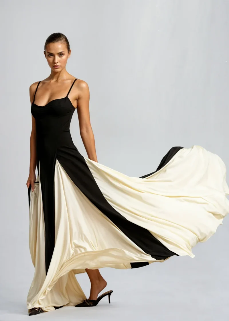 Damen Maxikleid in Schwarz und Creme mit fließendem Schnitt