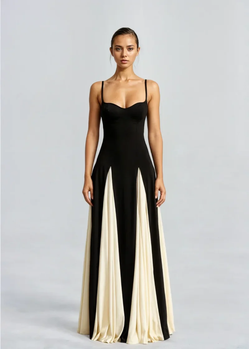 Damen Maxikleid in Schwarz und Creme mit fließendem Schnitt