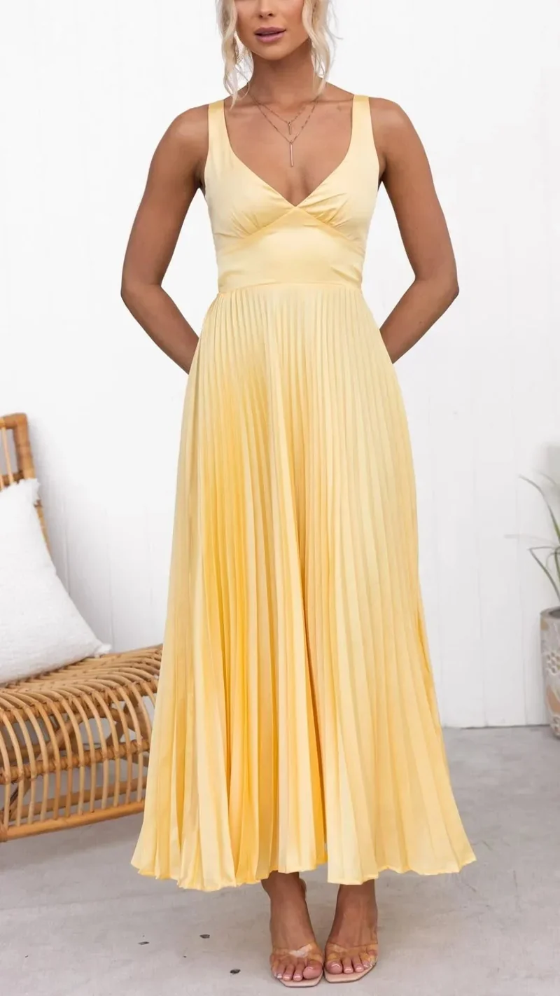 Damen Maxikleid in Gelb mit V-Ausschnitt