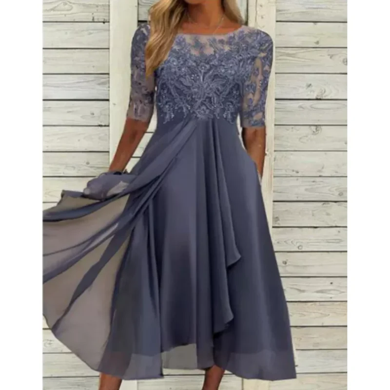 Damen Midikleid mit Spitzenoberteil und 3/4 Ärmeln