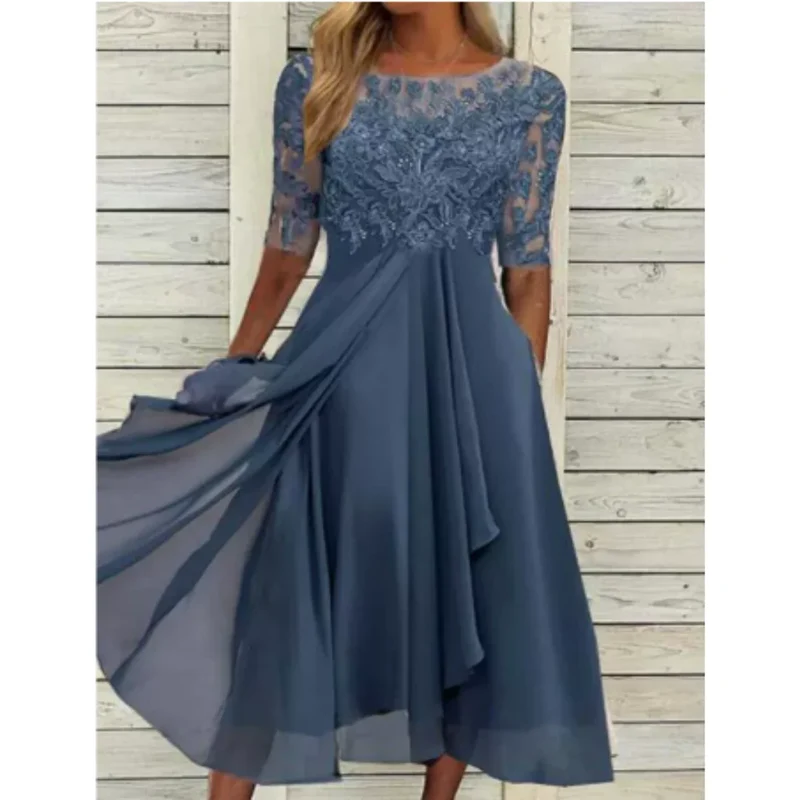 Damen Midikleid mit Spitzenoberteil und 3/4 Ärmeln