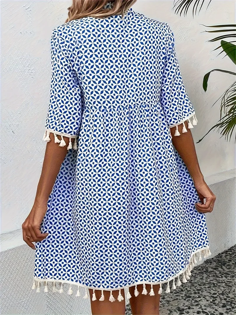 Damen Tunika Minikleid mit Quasten in weiß und blauem Muster