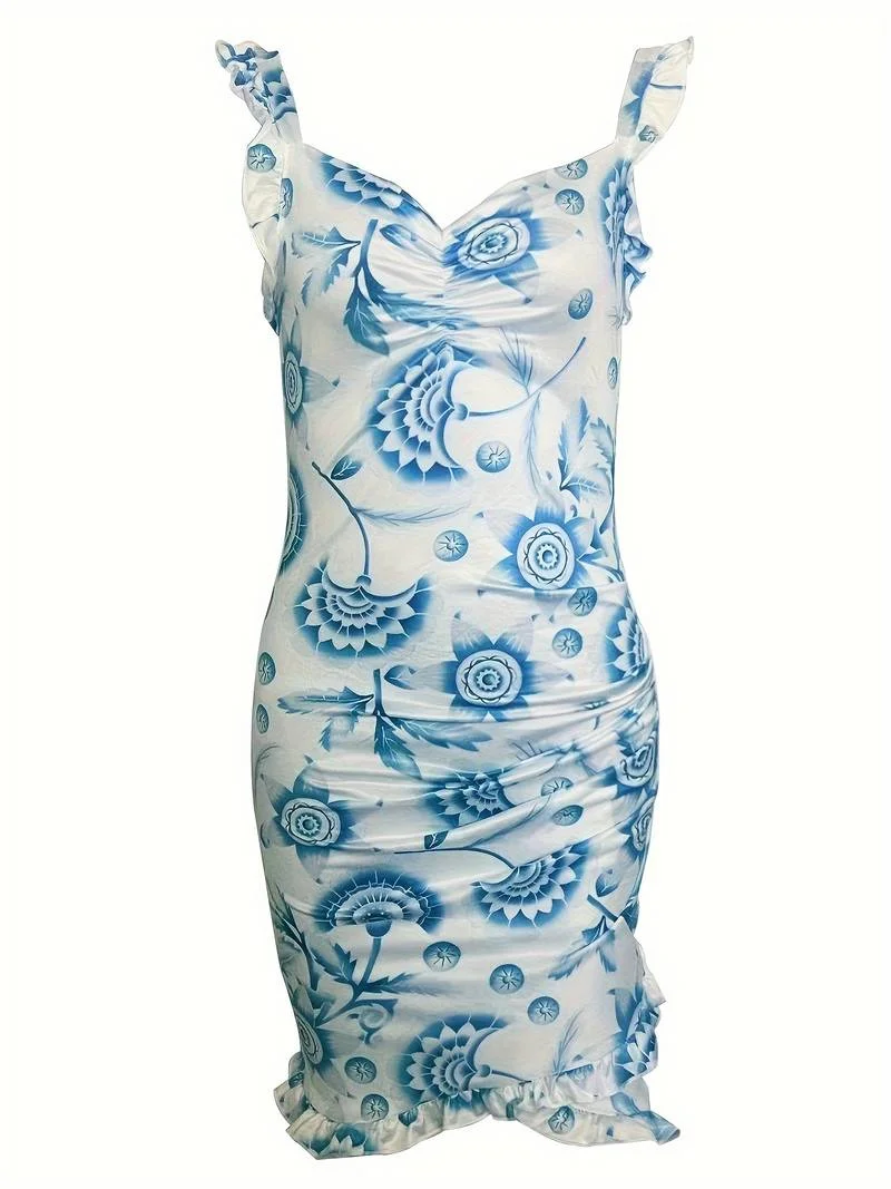 Damen Blumen Minikleid mit V-Ausschnitt und Rüschen