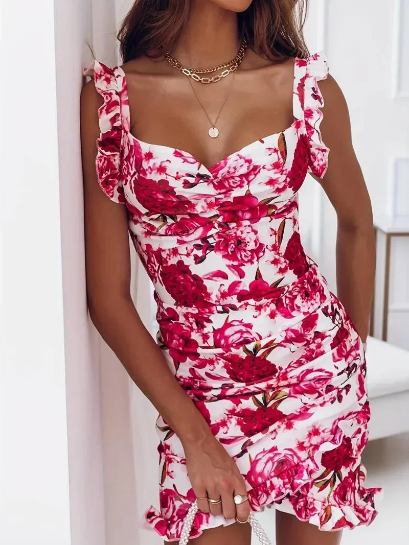 Damen Blumen Minikleid mit V-Ausschnitt und Rüschen