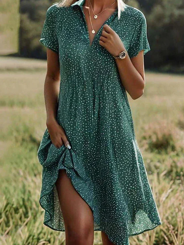 Damen Mini-Sommerkleid mit Kragen und abgerundetem Saum