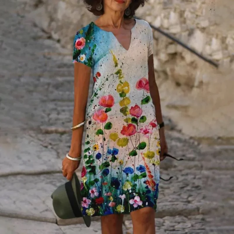 Sommerliches Minikleid mit Blumendruck und V-Ausschnitt für Damen