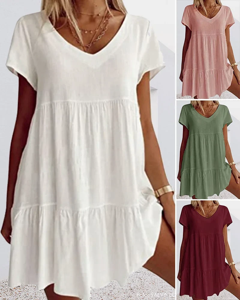Damen Minikleid mit V-Ausschnitt, Rüschen und kurzen Ärmeln